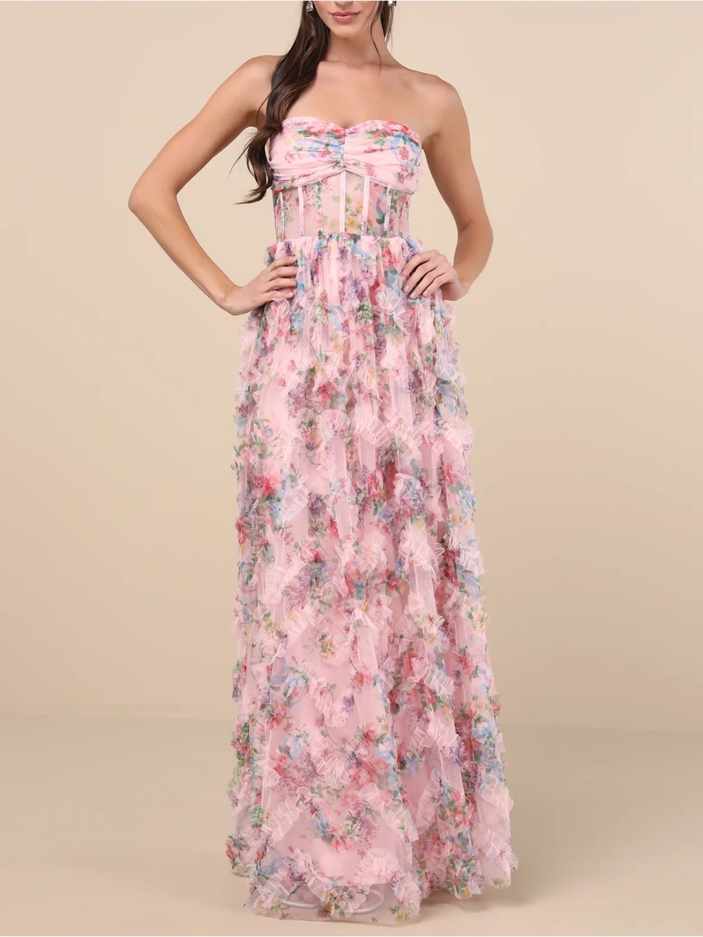 Lulus Stunning Element Pink Floral Mesh Ruffled Strapless Maxi Dress Size Small